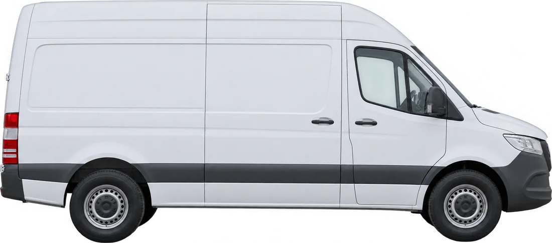 White high-roof Sprinter van, side view